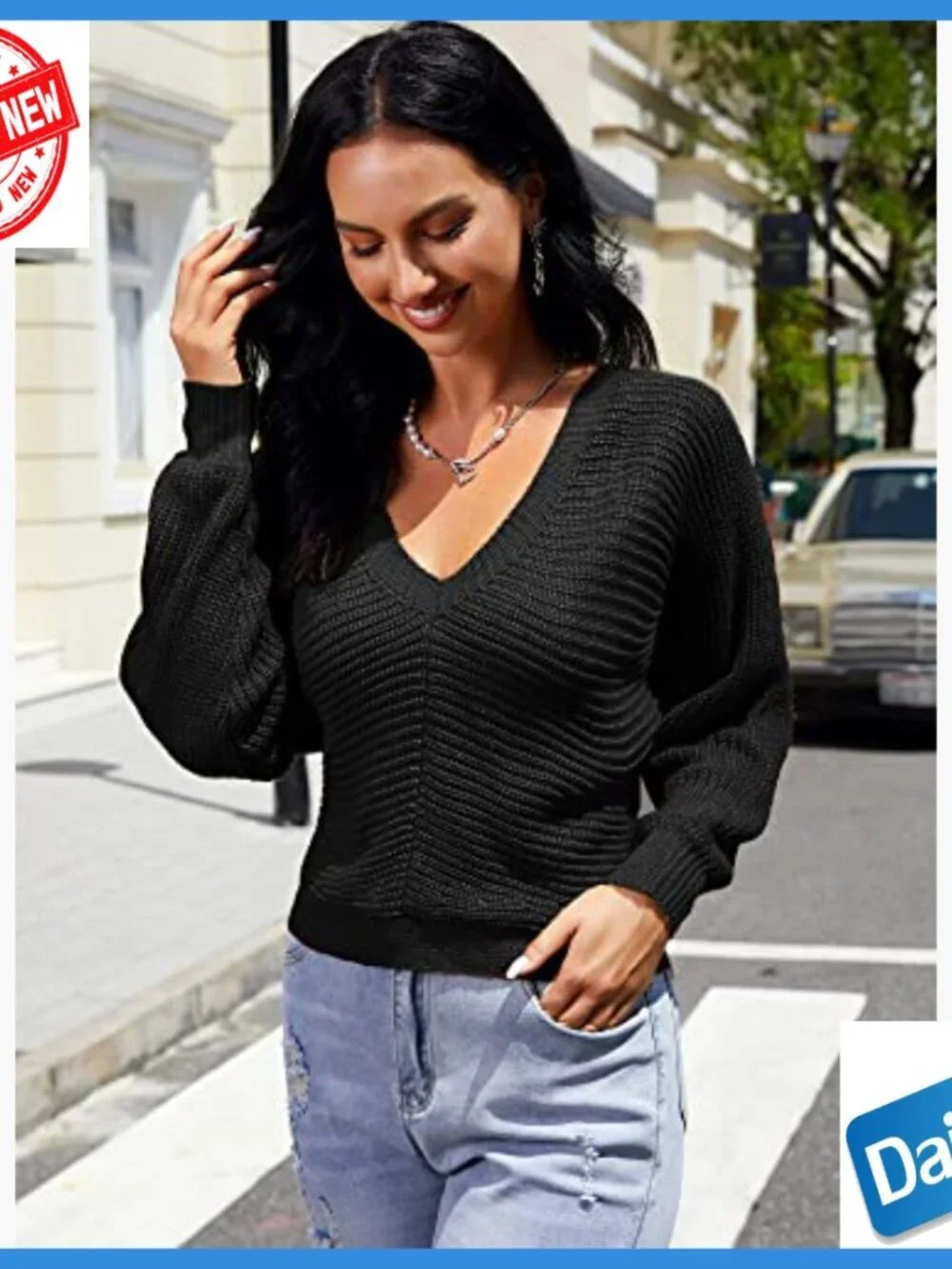 Cropped Ribbed Sweater V-Neck Backless Tie Loose Fit Batwing Sleeve